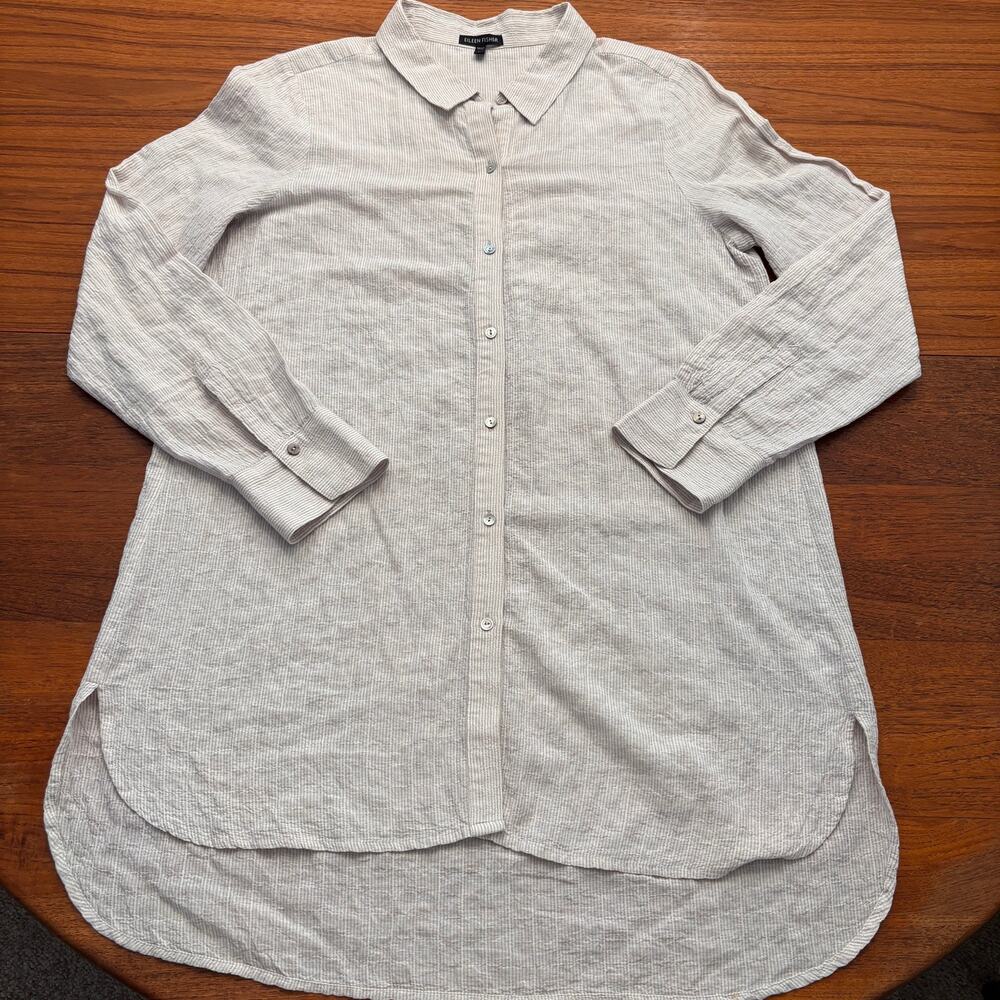 Eileen Fisher Women's White Gray Long Sleeve Button Down Tunic Blouse Medium